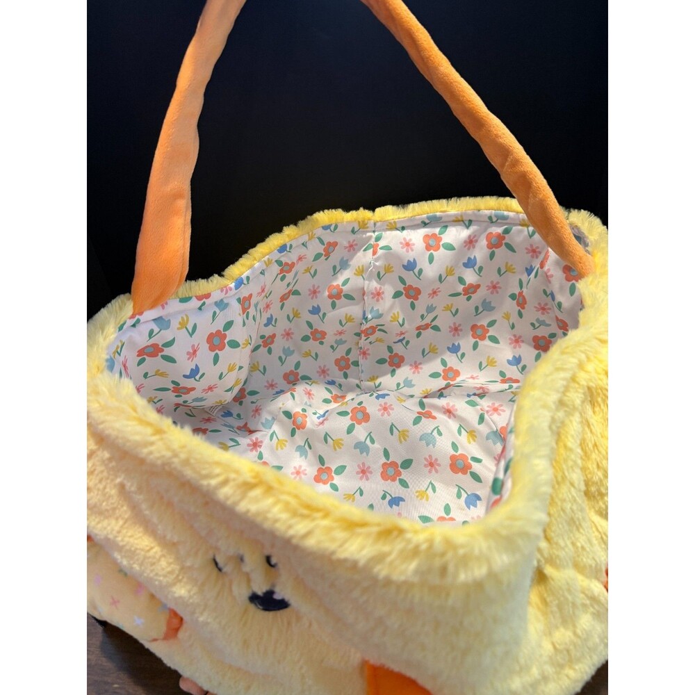 Jumbo Plush Yellow Chick Easter Basket Floral Lining Orange Handle Soft Fuzzy - Picture 7 of 9